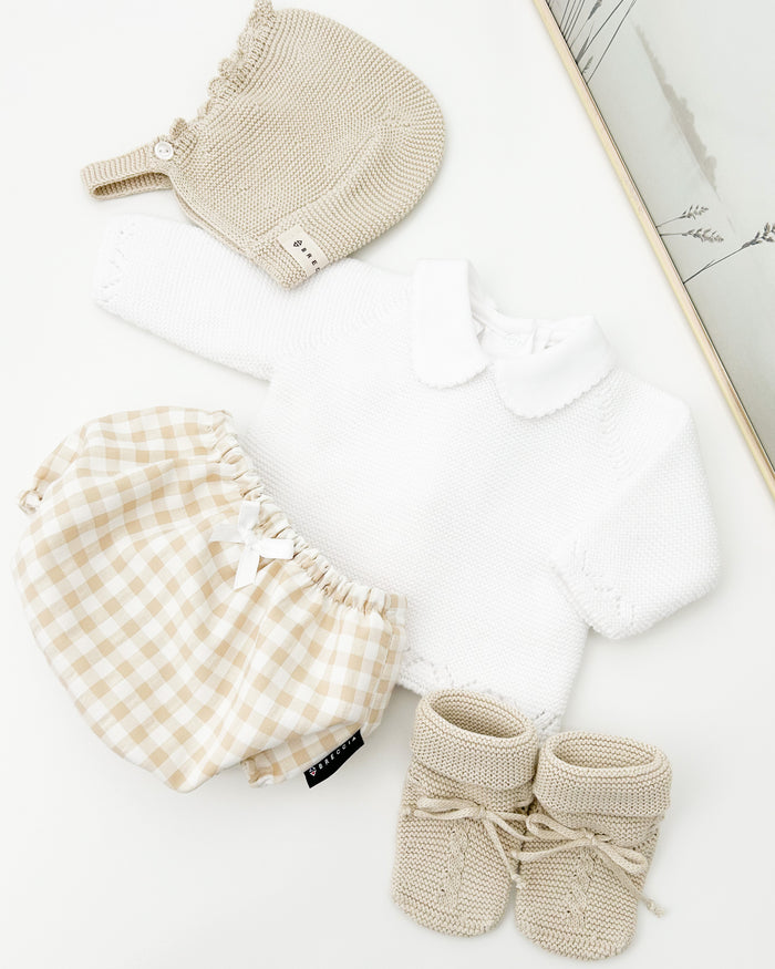 Conjunto manga larga vichy beige (3 prendas)