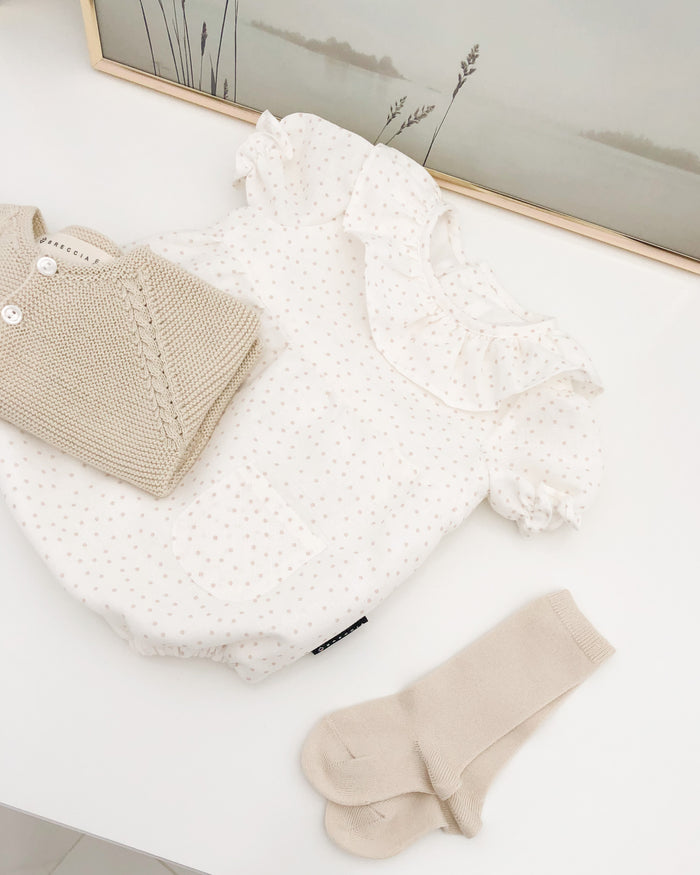 Beige speckled romper ruffle